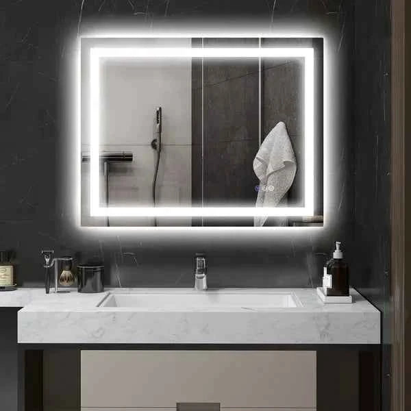 Dimmable Glass Bathroom Mirror with Lights Modern Design 35" X 28" Backlit/Front Lit LED Anti-Fog Memory Infinite Color Temp