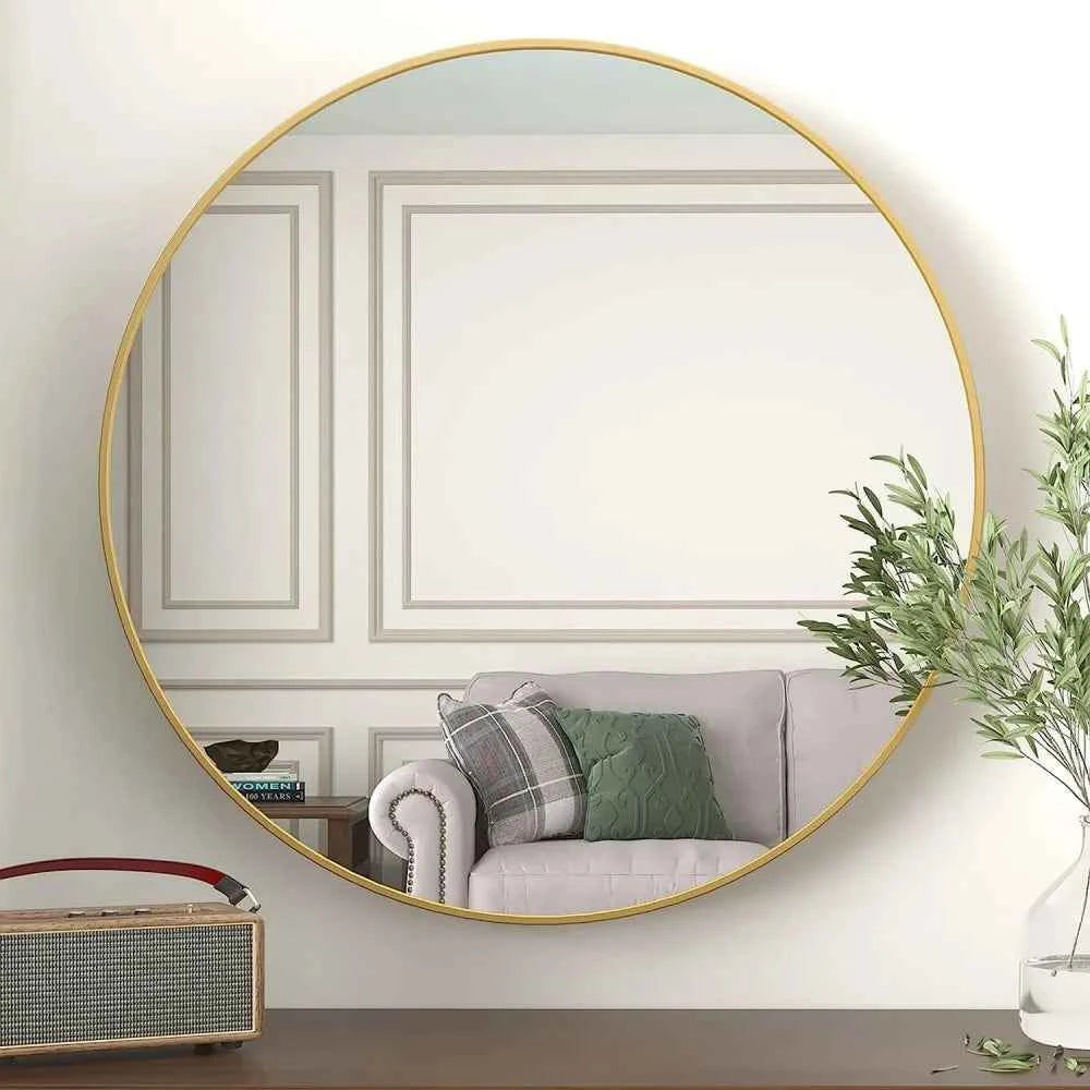 36 Inch Art Deco Large Luxury Gold MDF Framed Round Bathroom Mirror for Wall Decor