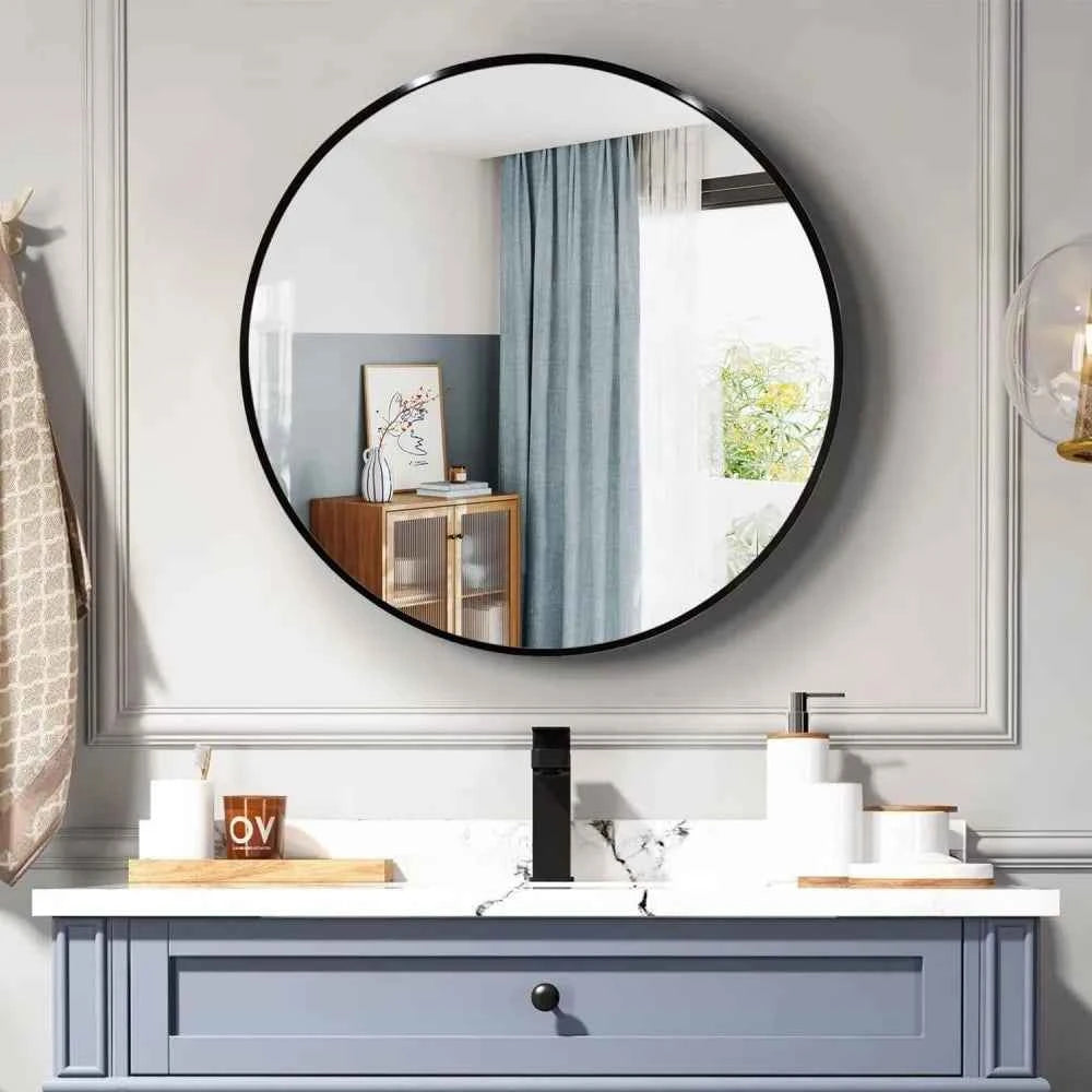 36 Inch Art Deco Large Luxury Gold MDF Framed Round Bathroom Mirror for Wall Decor