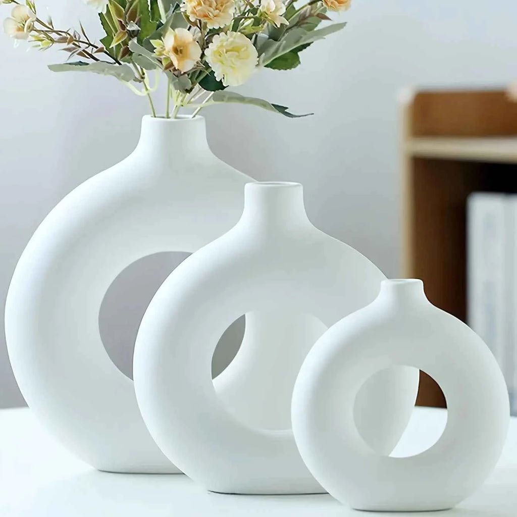 1pc, White/Beige Ceramic Vase  Vases For Decor, Modern Home Decor Vase, Boho Vases For Decor, Circle Vase, Round Vase, Donut Vas