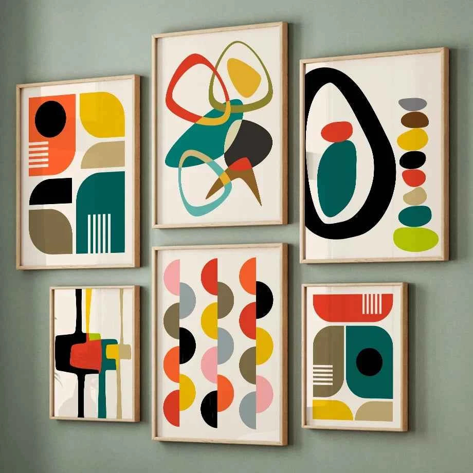 Mid Century Geometric Art Print - Unique Abstract Color Block Canvas Wall Art for Living Room Decor