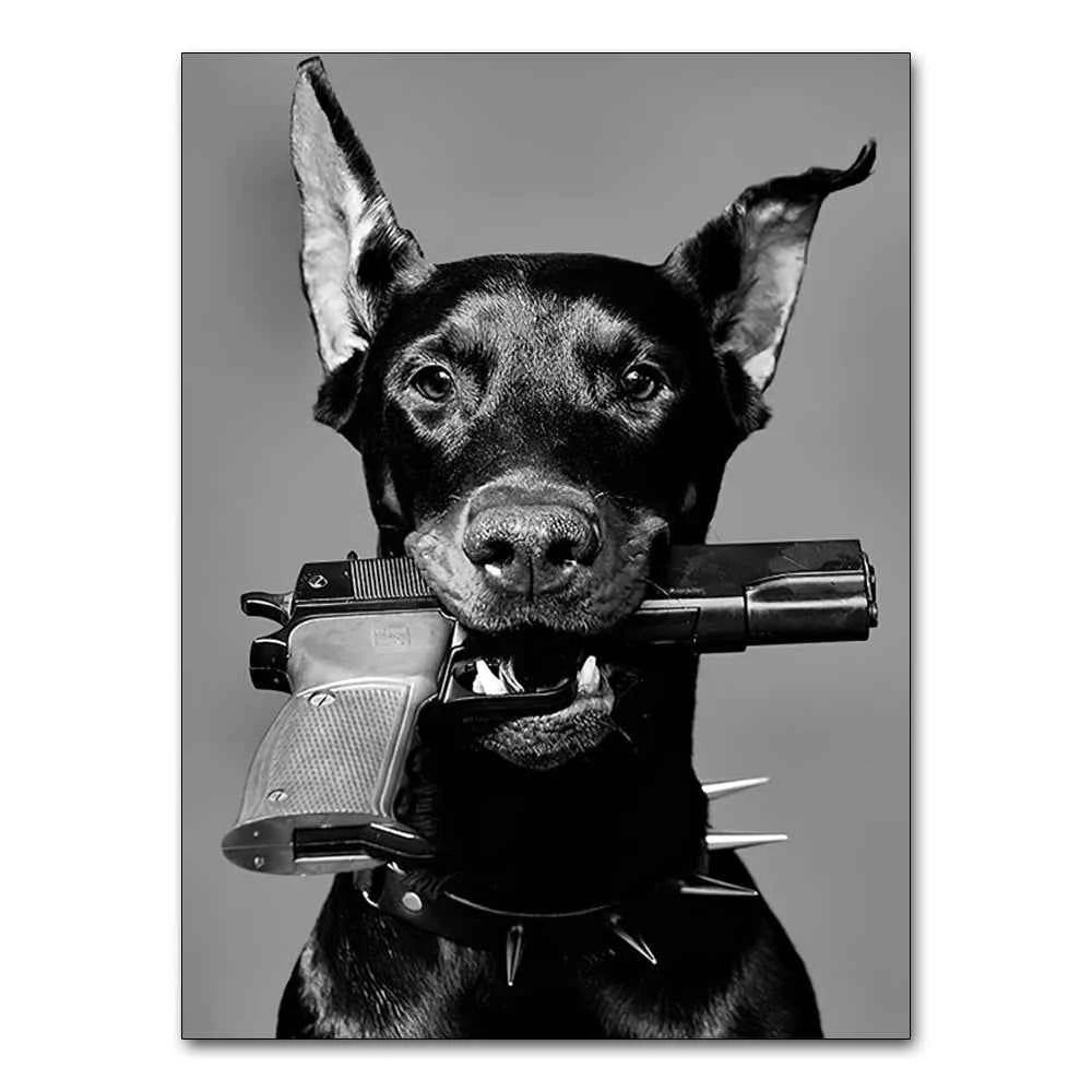 Black White Doberman Pinscher Gun Wall Decoration Poster Modern Highend Home Decor Canvas Painting Art Prints Living Room Murals