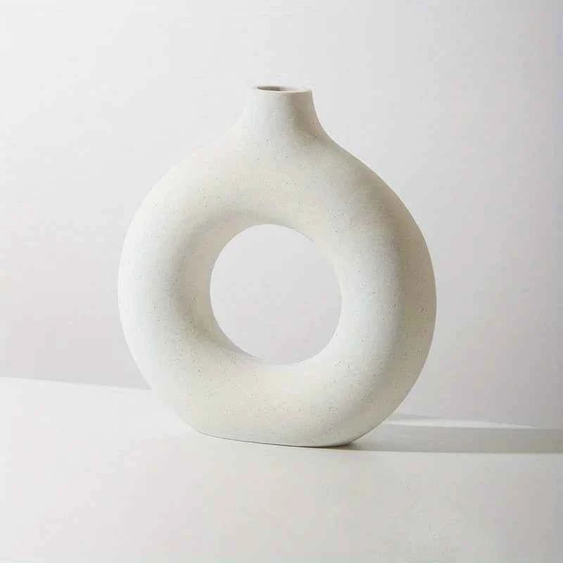 1pc, White/Beige Ceramic Vase  Vases For Decor, Modern Home Decor Vase, Boho Vases For Decor, Circle Vase, Round Vase, Donut Vas