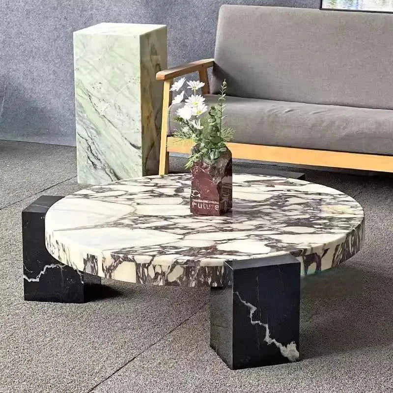 Luxury round Top Coffee Table in 100% Pure Calacatta Viola Marble with Black Marquina Marble Legs for Home Living Room