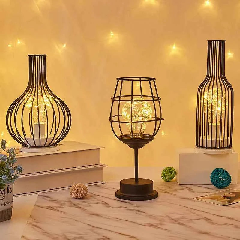 1PC Indoor Iron Wire Cage Design Night Light,Battery-Powered LED Lamp, Decorative Table Lighting for Bedroom, Living Room