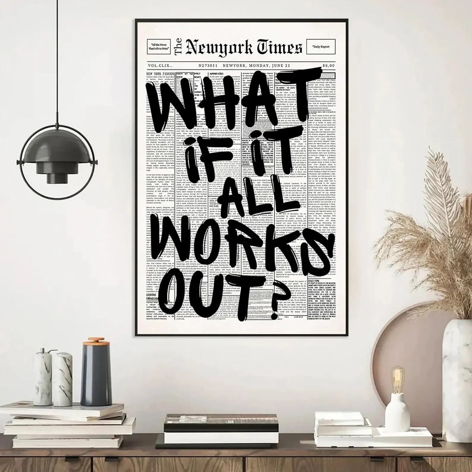 Newspaper Poster - What If It All Works Out - Positive Quote Canvas Wall Art, Affirming Minimalist Prints, Neutral Dorm Room Bed