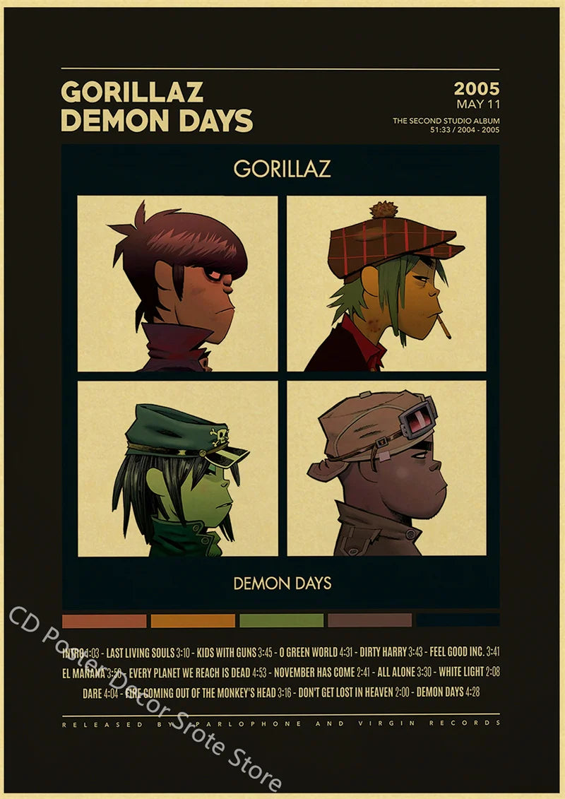 Gorillaz Retro Posters - Demon Days Kraft Paper Vintage Music Prints for Home Room Bar Club Decor