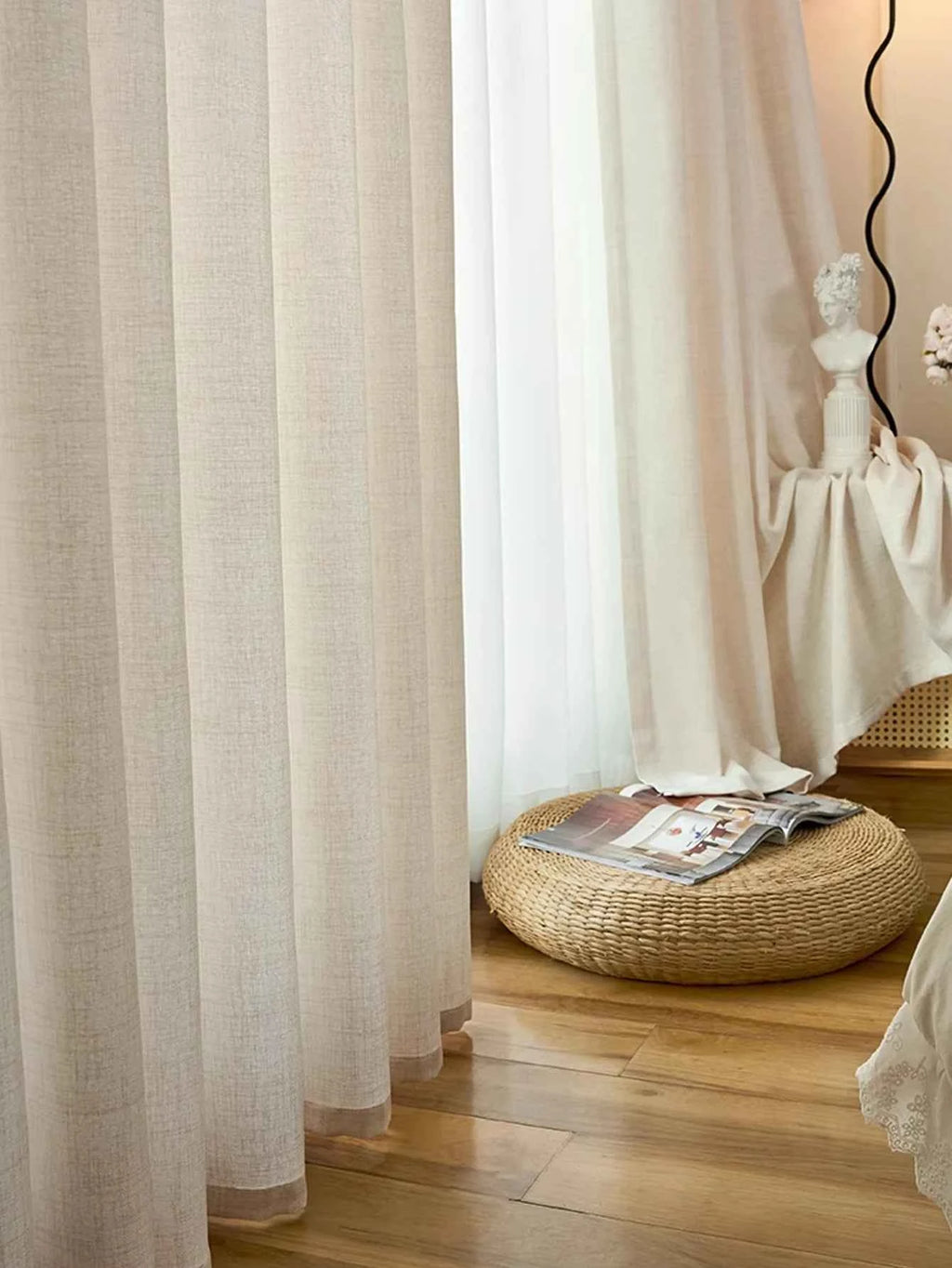 French retro high-end Japanese linen curtains beige living room bedroom gauze curtains for all season