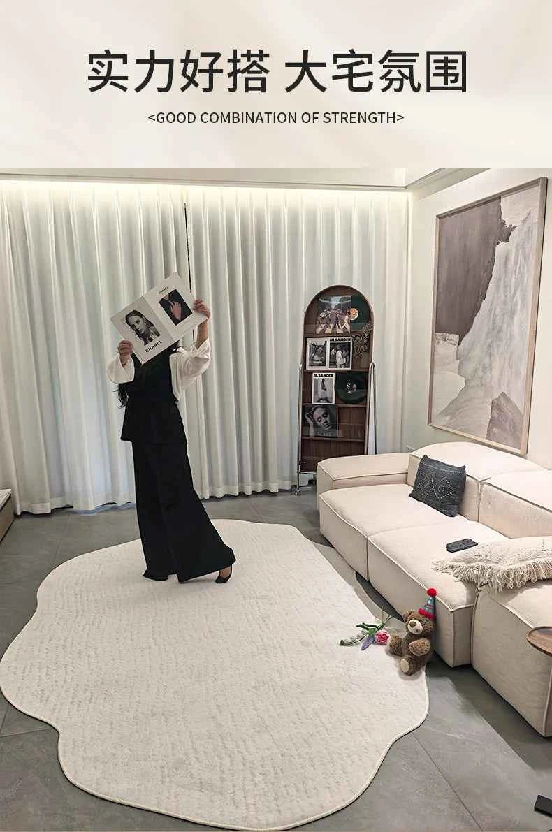 Cream Style Carpets for Living Room Luxury Bedroom Decor Stripe Carpet Irregular Shape Plush Rug Fluffy Soft Washable Thick Mat