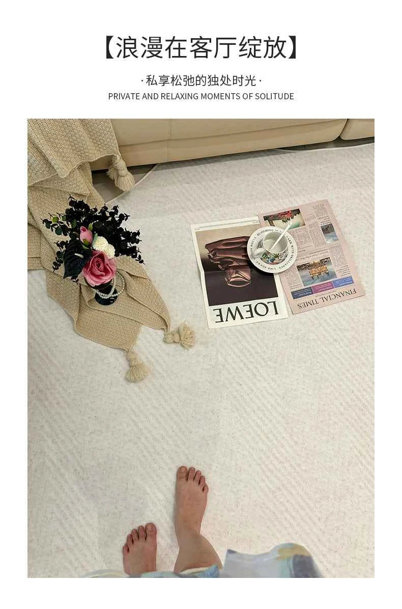 Cream Style Carpets for Living Room Luxury Bedroom Decor Stripe Carpet Irregular Shape Plush Rug Fluffy Soft Washable Thick Mat