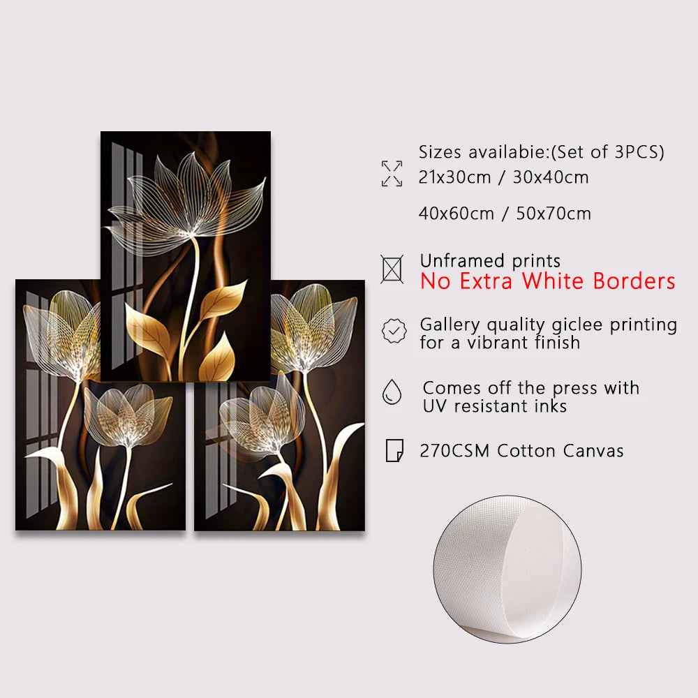 3PCS Black and Golden Flower Wall Art Canvas Painting for Living Room Decor Modern Abstract Posters Home Decor