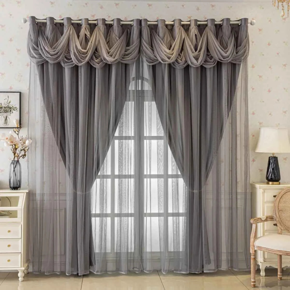 Modern Minimalist Living Room Curtain Set, Pure Color Lace Water Wave Design, Full Light Blocking Drapes, Elegant Home Decor