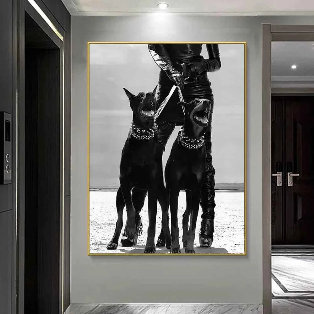 Black White Doberman Pinscher Gun Wall Decoration Poster Modern Highend Home Decor Canvas Painting Art Prints Living Room Murals