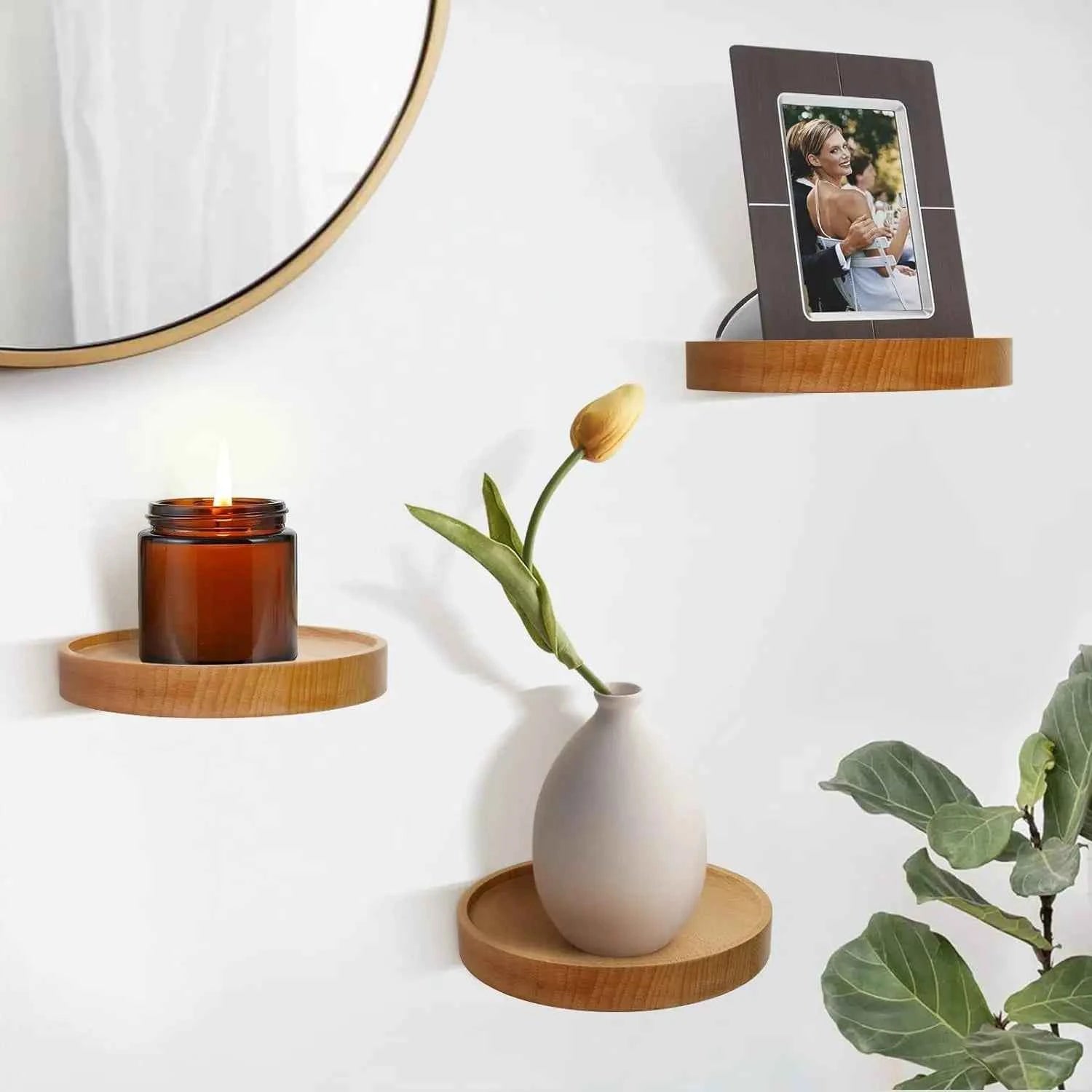 3/6Pcs Wooden Wall Mounted Display Shelf Oak Wood Round Wall Shelves Floating Plant Flower Pot Tray Racks For Home Decoration