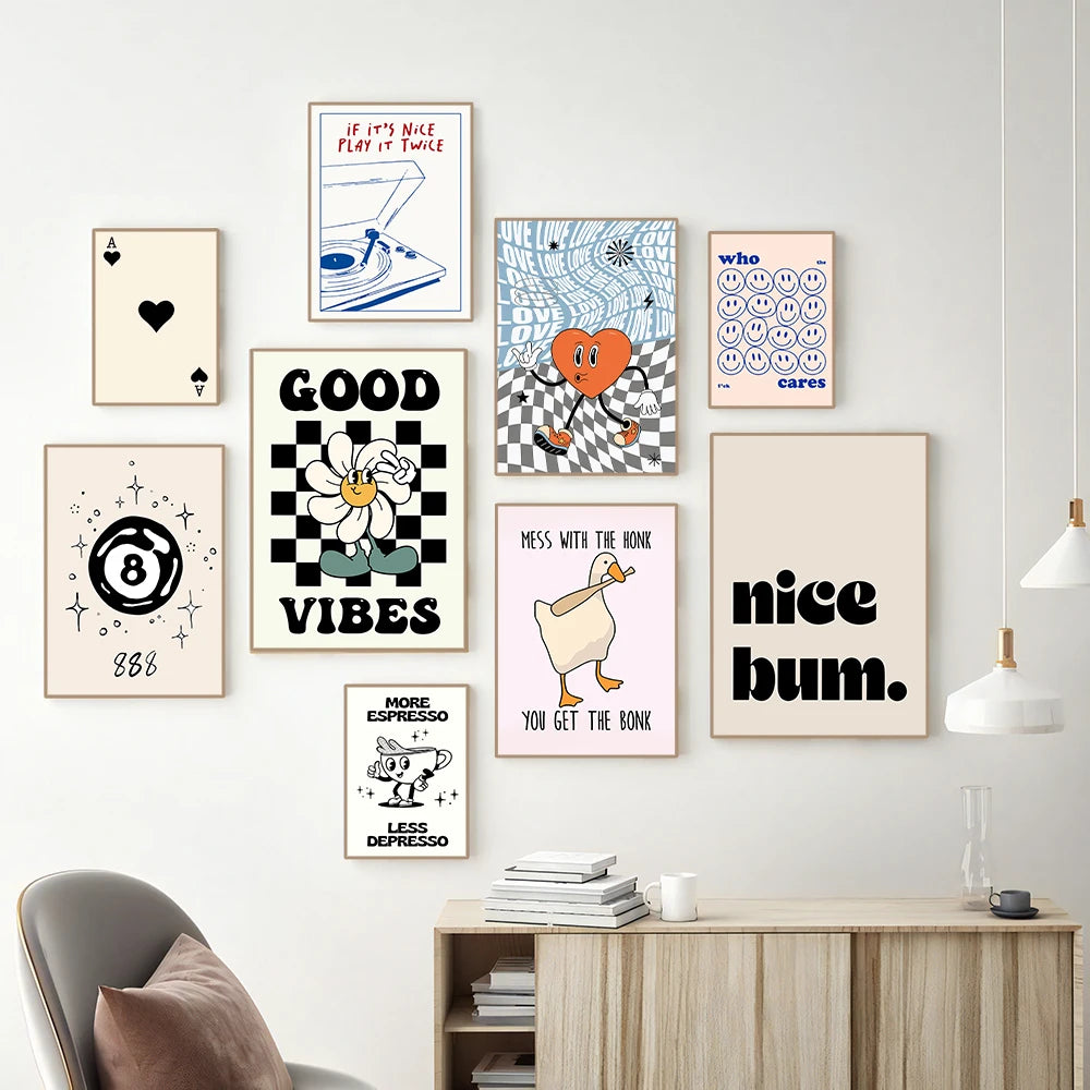 Simplicity Vintage Pink Canvas Wall Art - Cartoon Print Posters for Home Decor, Living Room & Bedroom