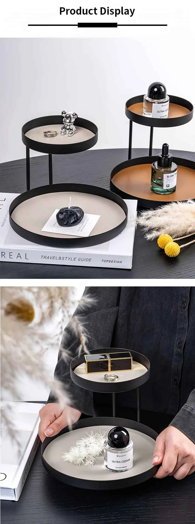 Nordic Metal Display Shelf, 2-Tier Cosmetic & Jewelry Organizer. Under 27", Fits Bedroom, Bathroom, Entryway. Painted Finish.