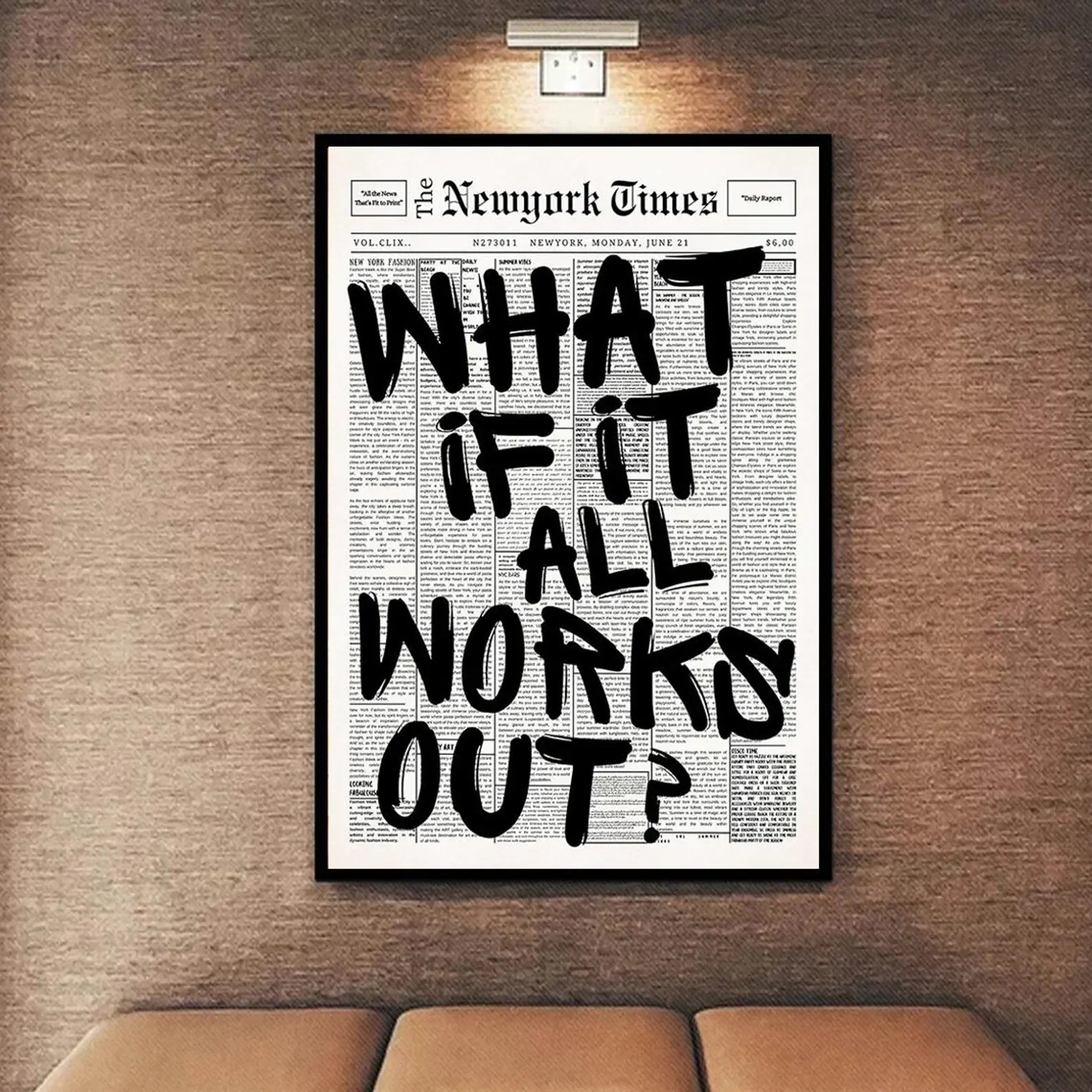 Newspaper Poster - What If It All Works Out - Positive Quote Canvas Wall Art, Affirming Minimalist Prints, Neutral Dorm Room Bed
