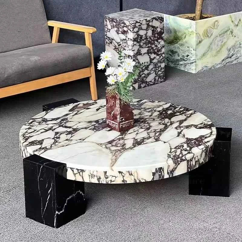 Luxury round Top Coffee Table in 100% Pure Calacatta Viola Marble with Black Marquina Marble Legs for Home Living Room