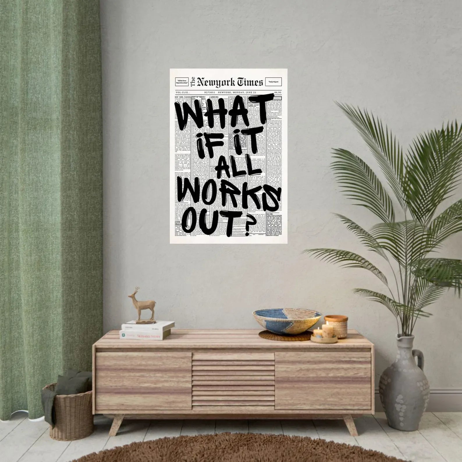 Newspaper Poster - What If It All Works Out - Positive Quote Canvas Wall Art, Affirming Minimalist Prints, Neutral Dorm Room Bed
