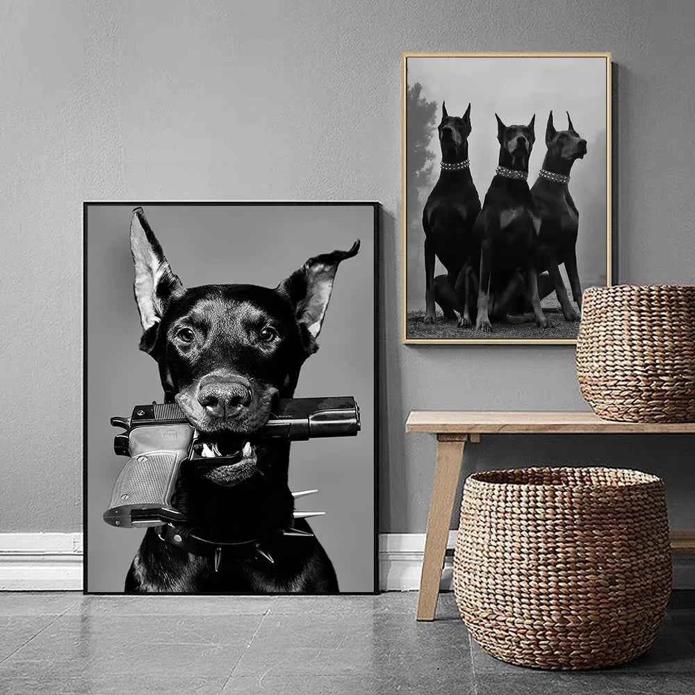 Black White Doberman Pinscher Gun Wall Decoration Poster Modern Highend Home Decor Canvas Painting Art Prints Living Room Murals