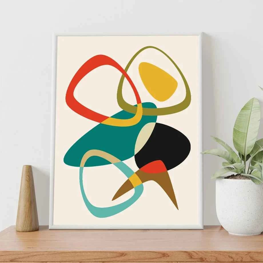 Mid Century Geometric Art Print - Unique Abstract Color Block Canvas Wall Art for Living Room Decor