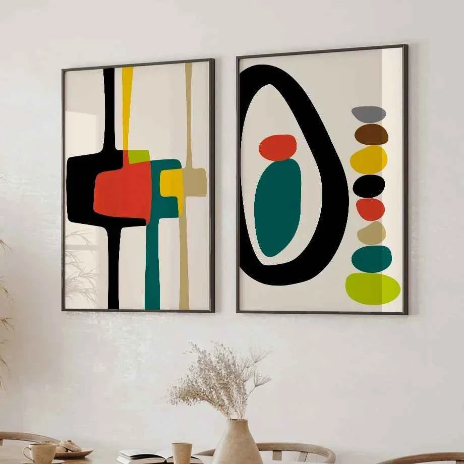 Mid Century Geometric Art Print - Unique Abstract Color Block Canvas Wall Art for Living Room Decor