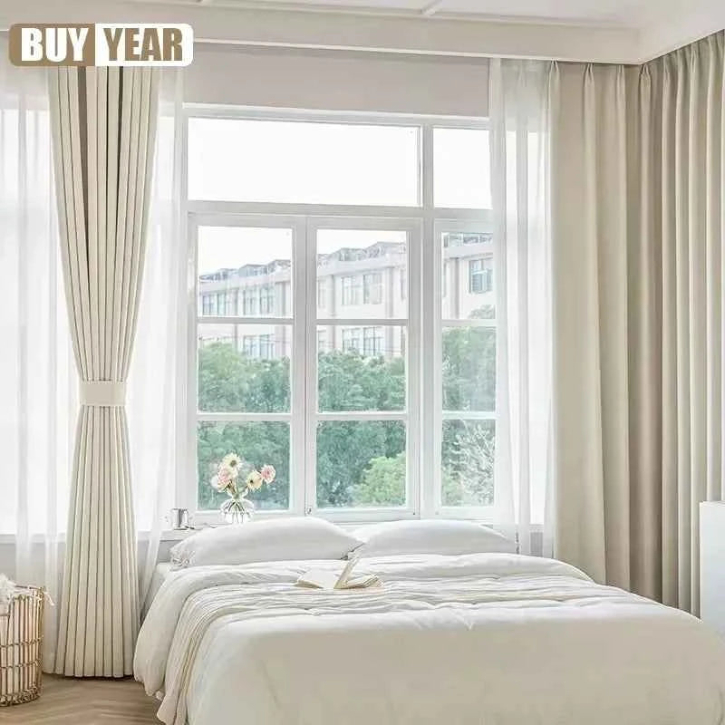 French Chenille Cream White Velvet Curtain Modern Simple Blackout Curtains for Living Dining room Bedroom Tulle Customization