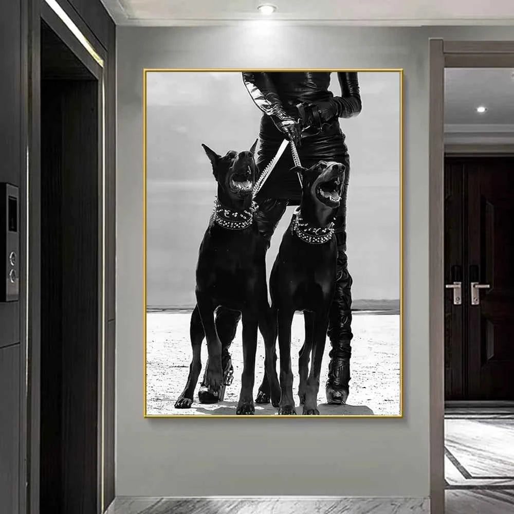 Black White Doberman Pinscher Gun Wall Decoration Poster Modern Highend Home Decor Canvas Painting Art Prints Living Room Murals
