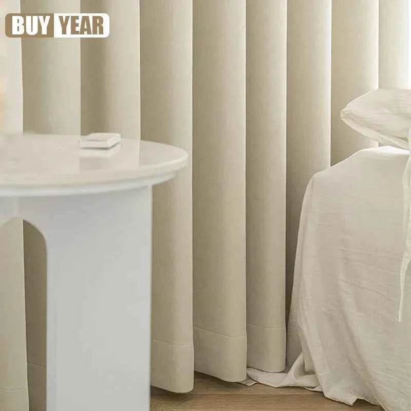 French Chenille Cream White Velvet Curtain Modern Simple Blackout Curtains for Living Dining room Bedroom Tulle Customization