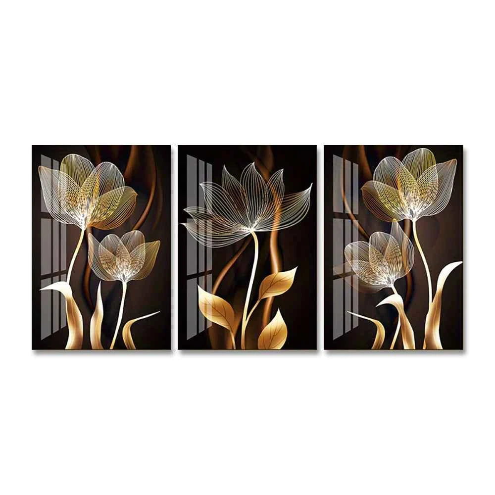 3PCS Black and Golden Flower Wall Art Canvas Painting for Living Room Decor Modern Abstract Posters Home Decor