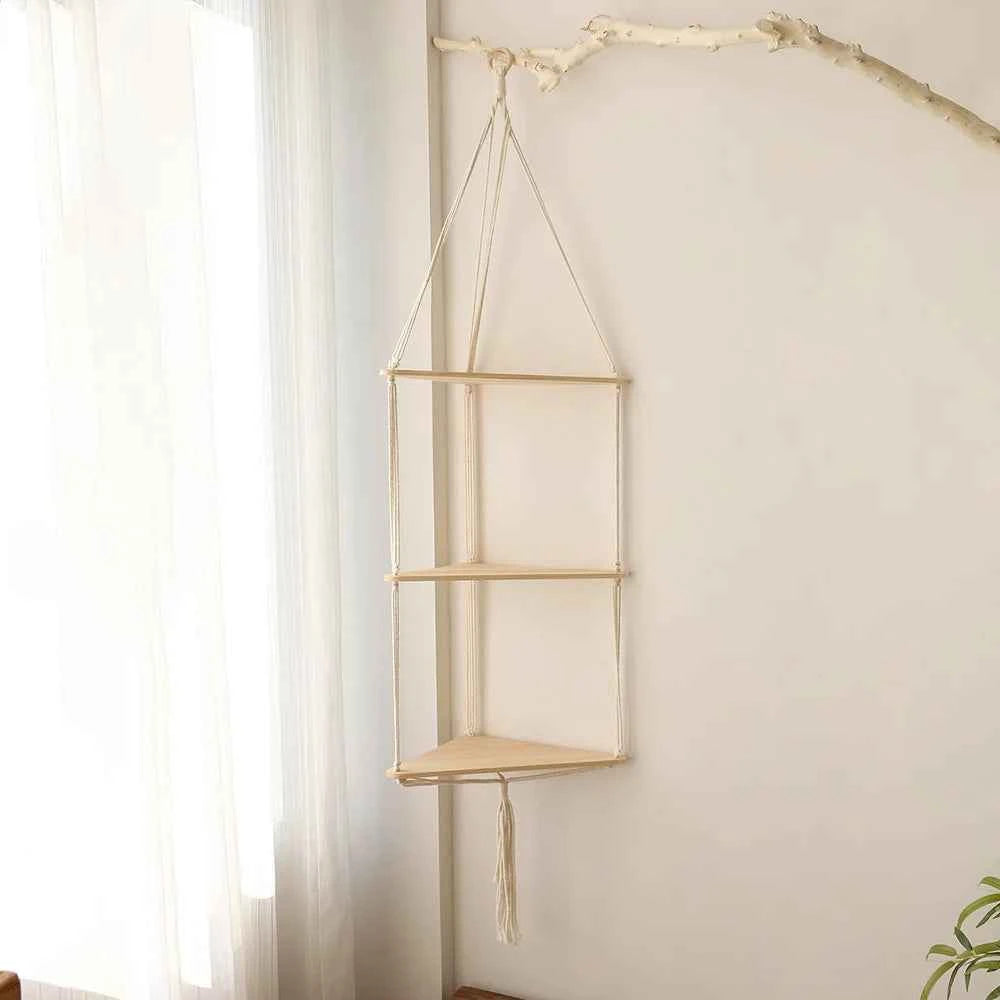 Corner Shelf Macrame Wall Hanging Wood Floating Shelves Rustic Boho Wall Shelf Decor Storage Rack for Plants Pots Photo Frames