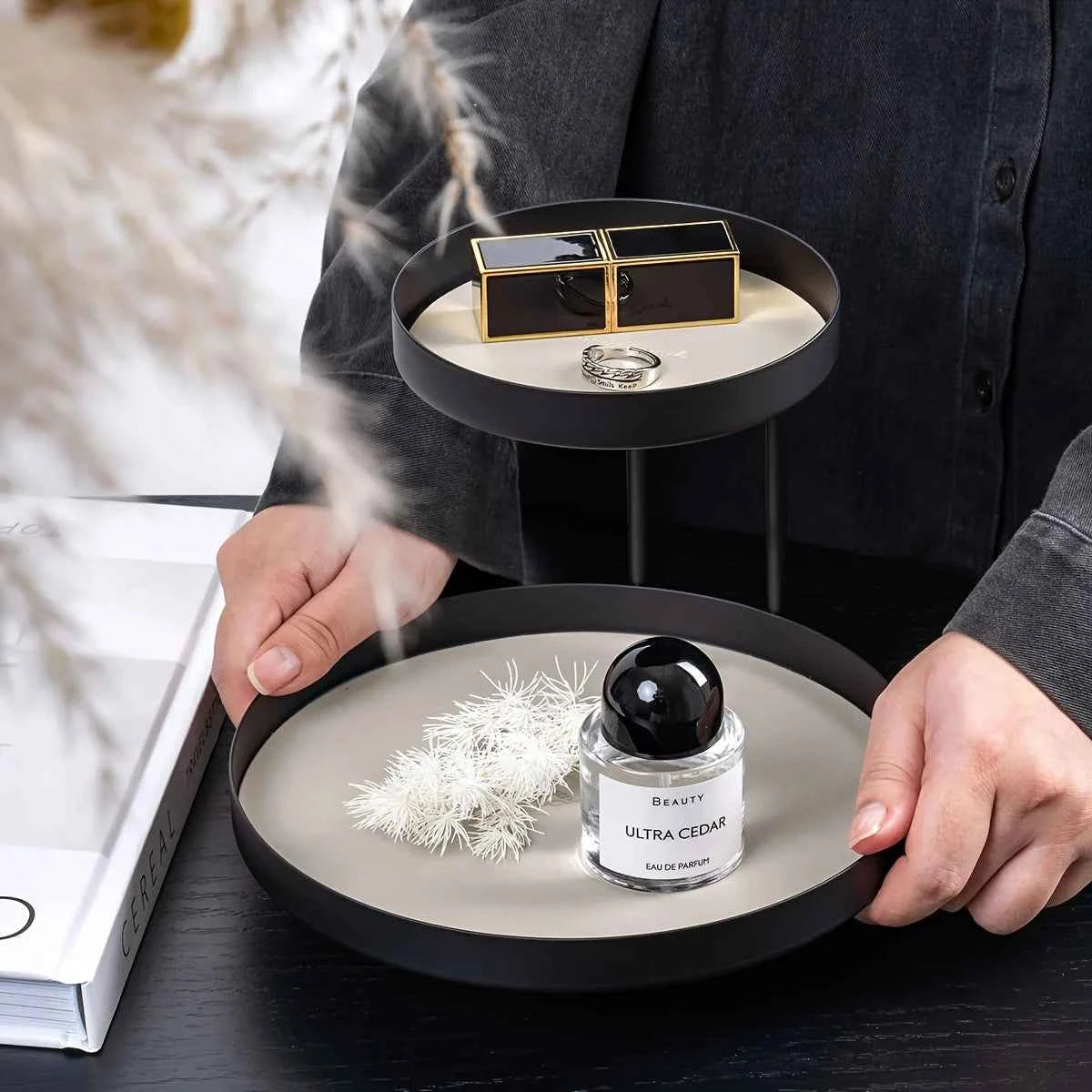 Nordic Metal Display Shelf, 2-Tier Cosmetic & Jewelry Organizer. Under 27", Fits Bedroom, Bathroom, Entryway. Painted Finish.