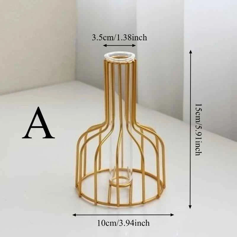 Ornamental Wrought Iron Gold Flower Vase Hollow Design for Home Living Room Decor Artificial Dried Floral Arrangement Container