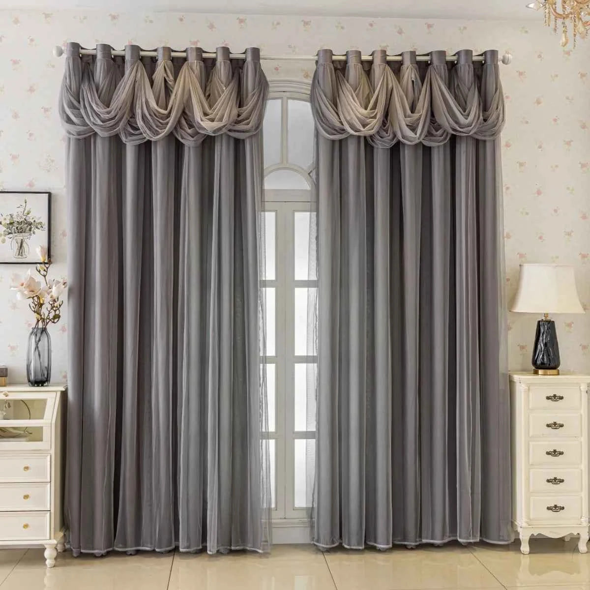 Modern Minimalist Living Room Curtain Set, Pure Color Lace Water Wave Design, Full Light Blocking Drapes, Elegant Home Decor