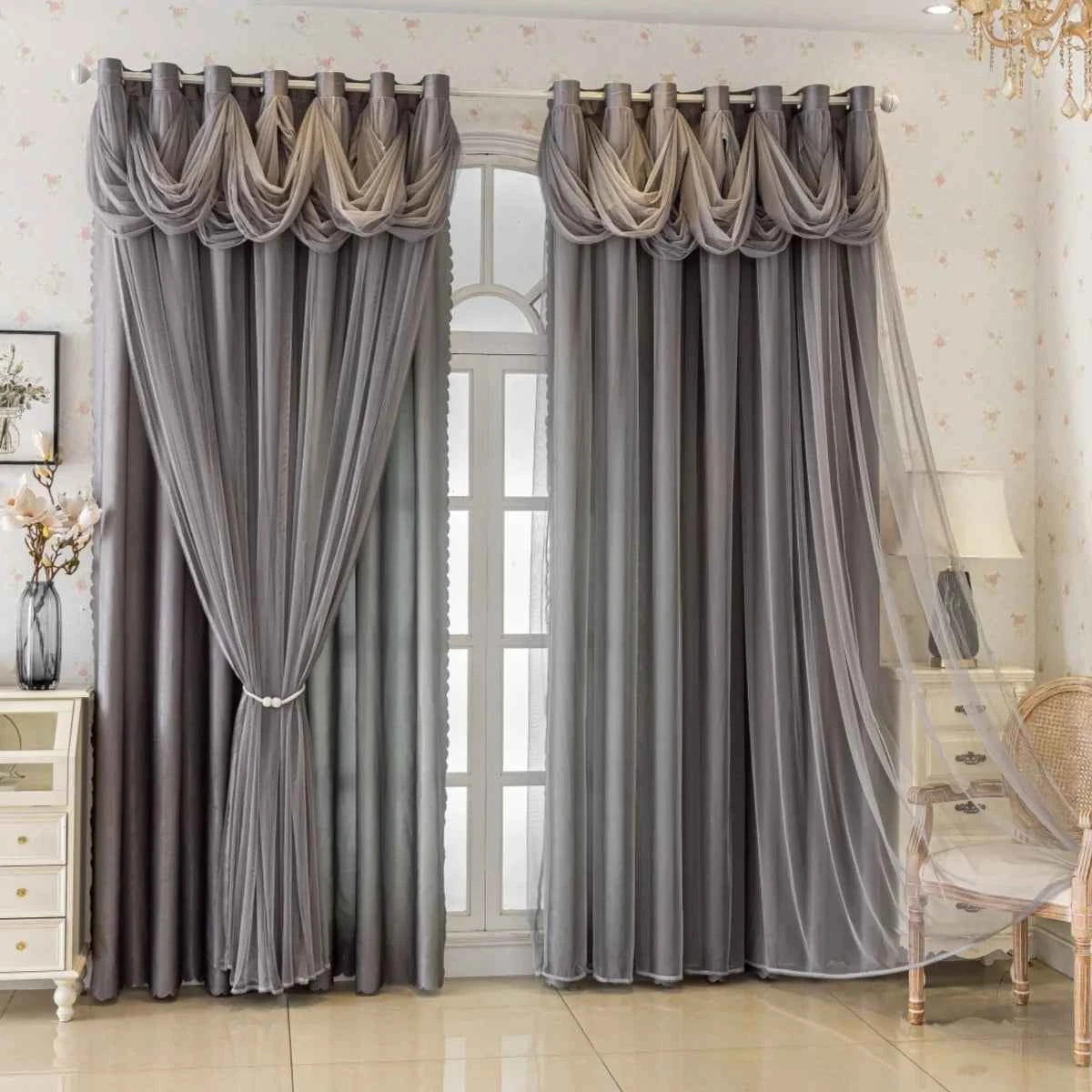 Modern Minimalist Living Room Curtain Set, Pure Color Lace Water Wave Design, Full Light Blocking Drapes, Elegant Home Decor