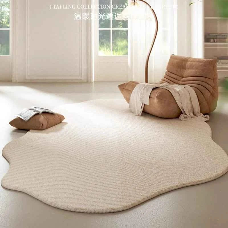 Cream Style Carpets for Living Room Luxury Bedroom Decor Stripe Carpet Irregular Shape Plush Rug Fluffy Soft Washable Thick Mat