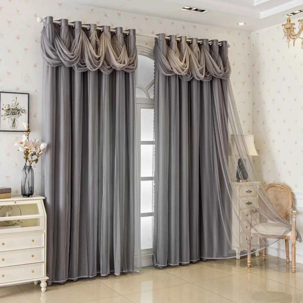 Modern Minimalist Living Room Curtain Set, Pure Color Lace Water Wave Design, Full Light Blocking Drapes, Elegant Home Decor