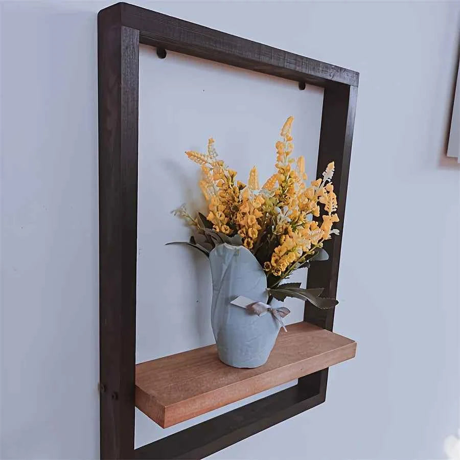 Rustic Wood Shelf Bracket - Wall Mounted Display Rack for Plants, Photos, Decor. Farmhouse Style.