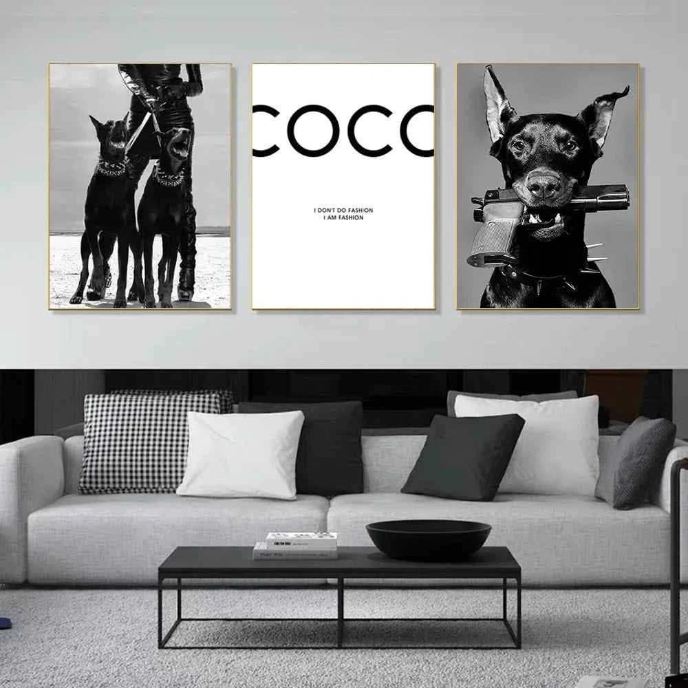 Black White Doberman Pinscher Gun Wall Decoration Poster Modern Highend Home Decor Canvas Painting Art Prints Living Room Murals