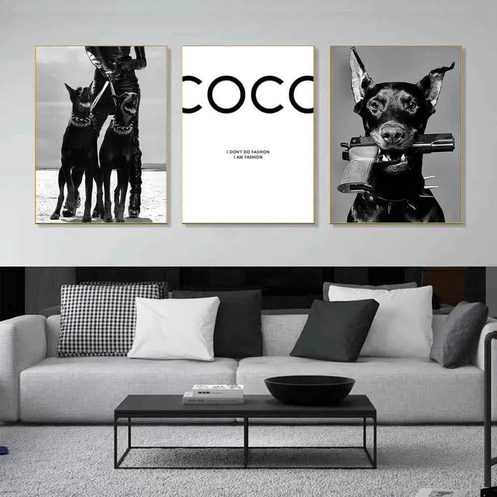 Black White Doberman Pinscher Gun Wall Decoration Poster Modern Highend Home Decor Canvas Painting Art Prints Living Room Murals