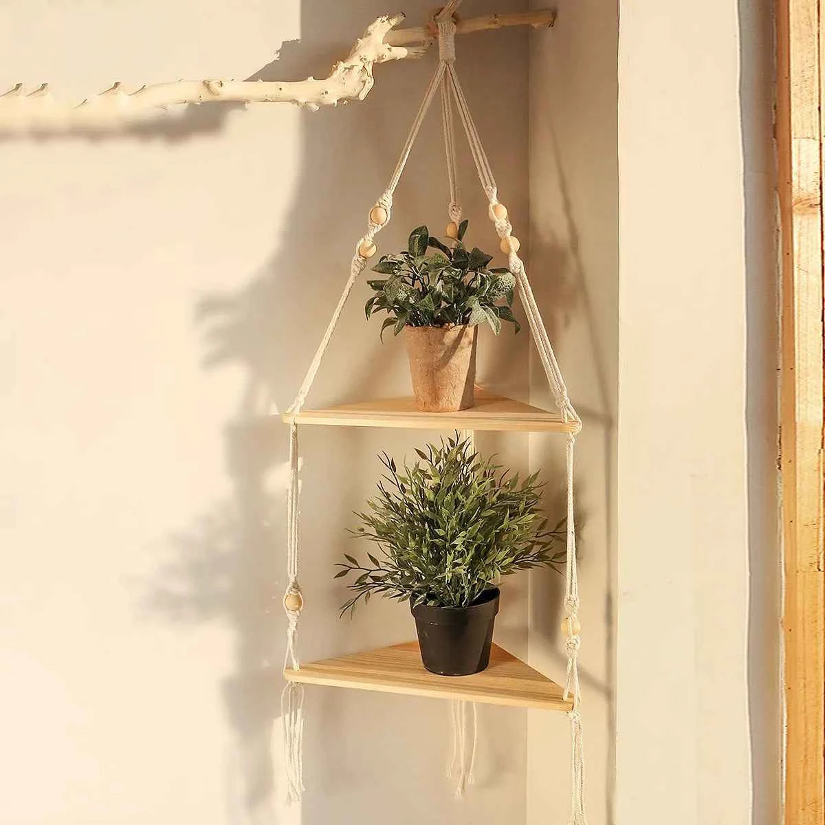 Corner Shelf Macrame Wall Hanging Wood Floating Shelves Rustic Boho Wall Shelf Decor Storage Rack for Plants Pots Photo Frames