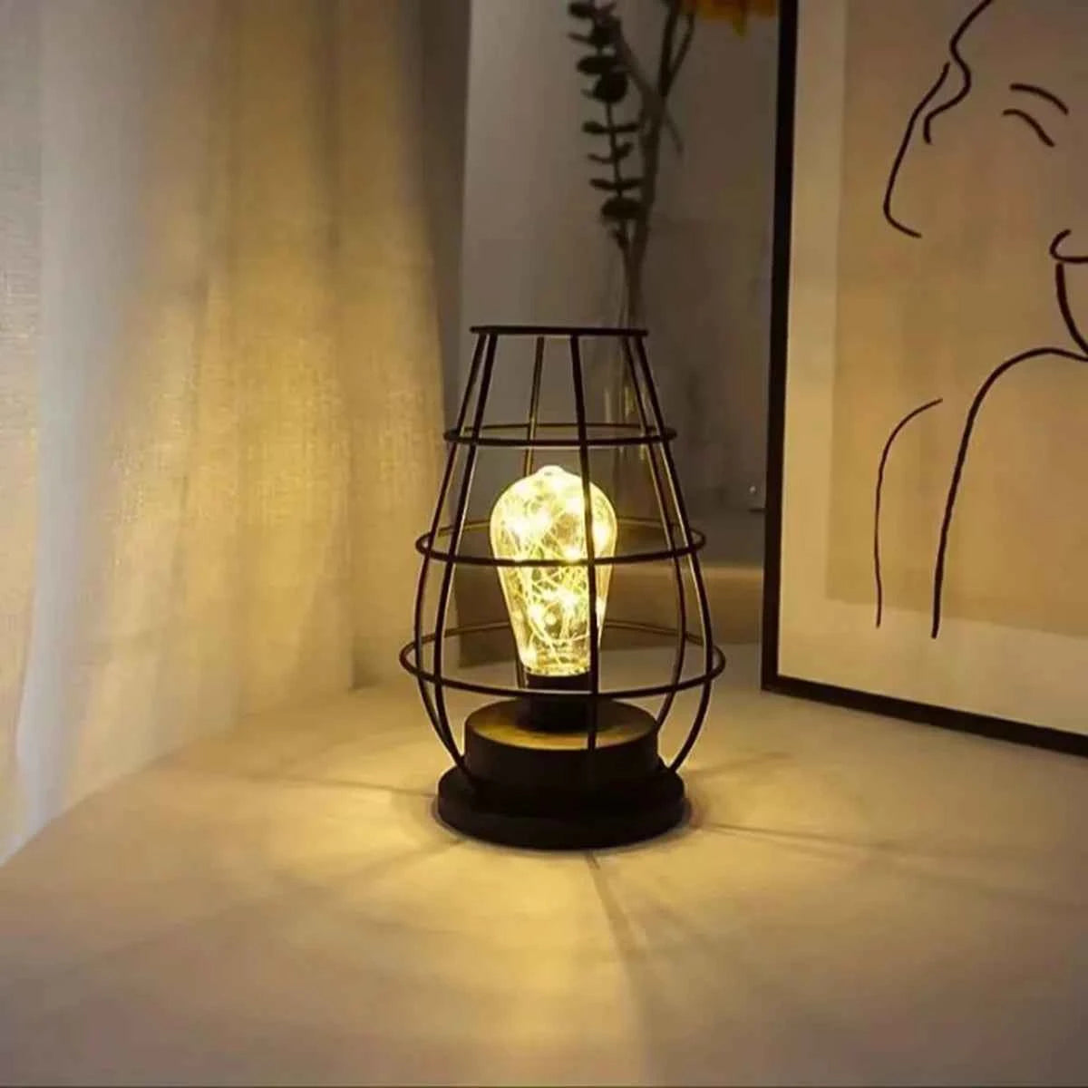 1PC Indoor Iron Wire Cage Design Night Light,Battery-Powered LED Lamp, Decorative Table Lighting for Bedroom, Living Room