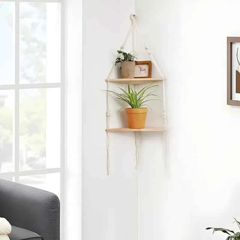 Corner Shelf Macrame Wall Hanging Wood Floating Shelves Rustic Boho Wall Shelf Decor Storage Rack for Plants Pots Photo Frames
