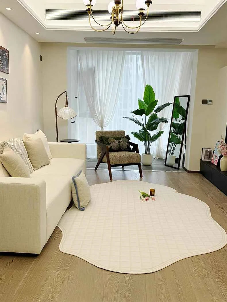 Cream Style Carpets for Living Room Luxury Bedroom Decor Stripe Carpet Irregular Shape Plush Rug Fluffy Soft Washable Thick Mat