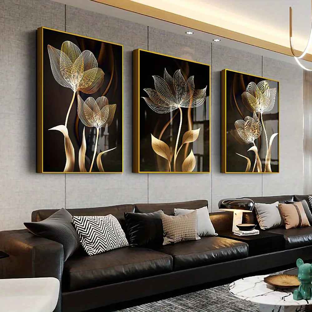 3PCS Black and Golden Flower Wall Art Canvas Painting for Living Room Decor Modern Abstract Posters Home Decor