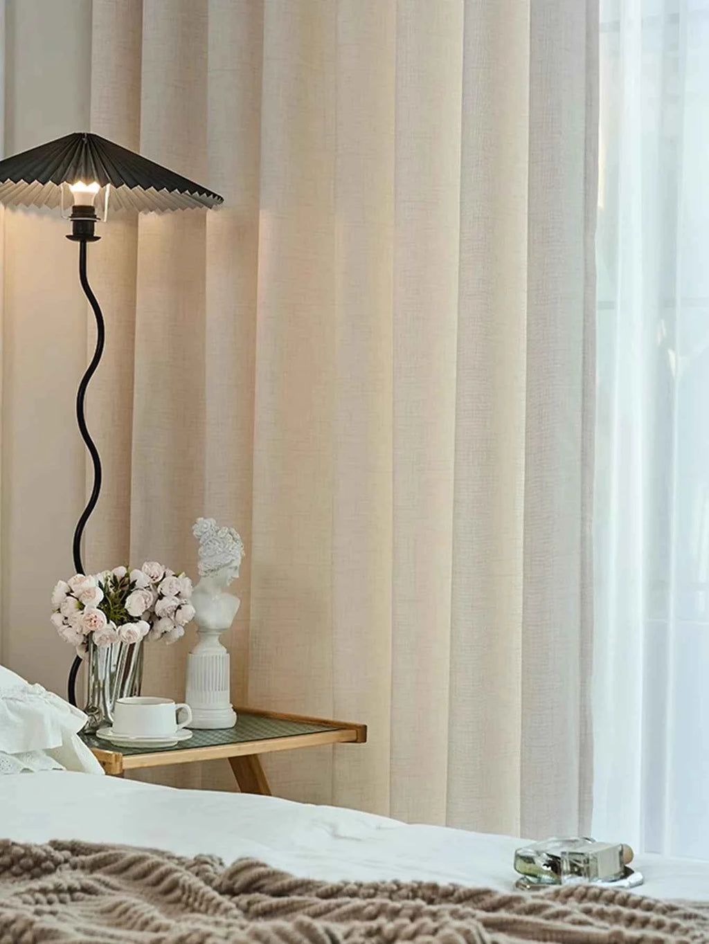 French retro high-end Japanese linen curtains beige living room bedroom gauze curtains for all season