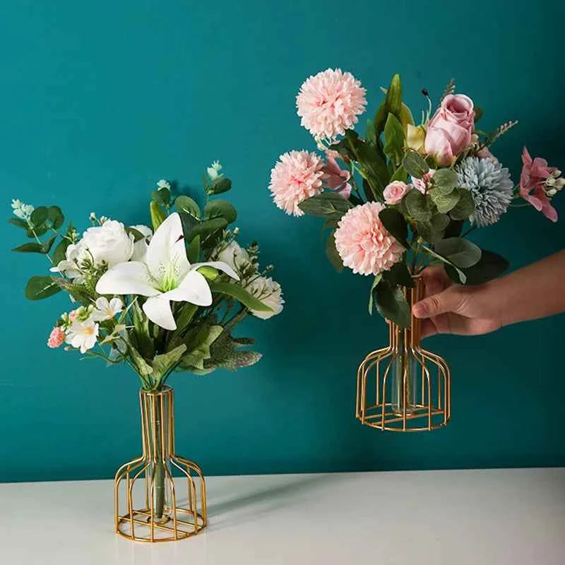 Ornamental Wrought Iron Gold Flower Vase Hollow Design for Home Living Room Decor Artificial Dried Floral Arrangement Container