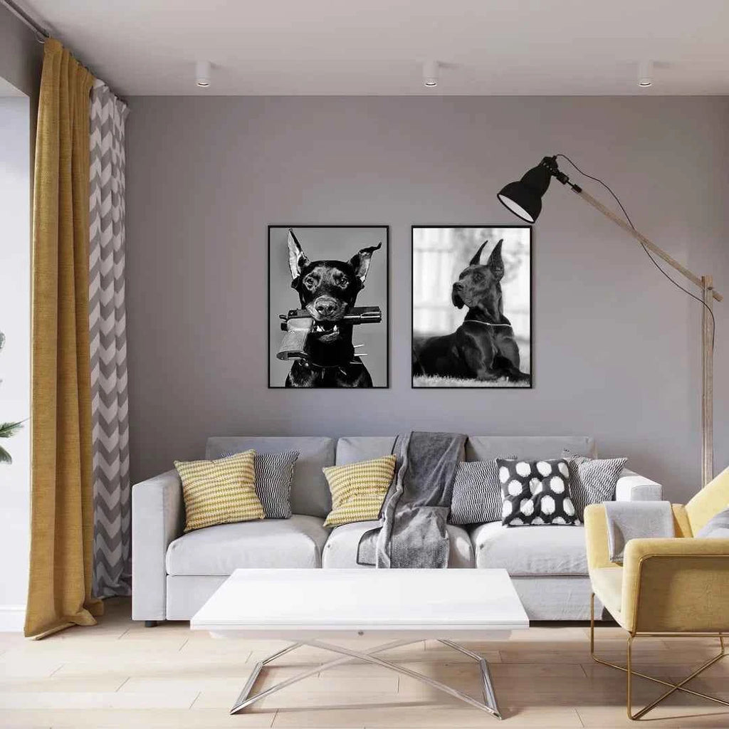 Black White Doberman Pinscher Gun Wall Decoration Poster Modern Highend Home Decor Canvas Painting Art Prints Living Room Murals