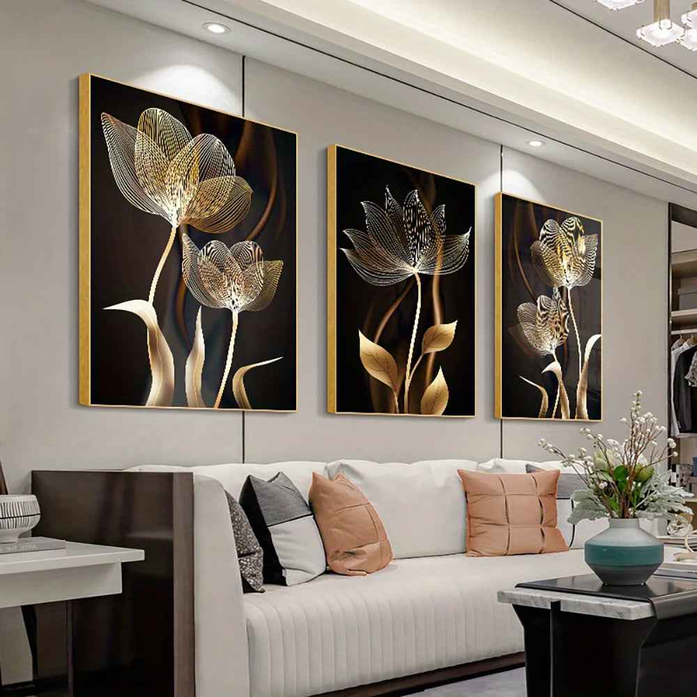 3PCS Black and Golden Flower Wall Art Canvas Painting for Living Room Decor Modern Abstract Posters Home Decor