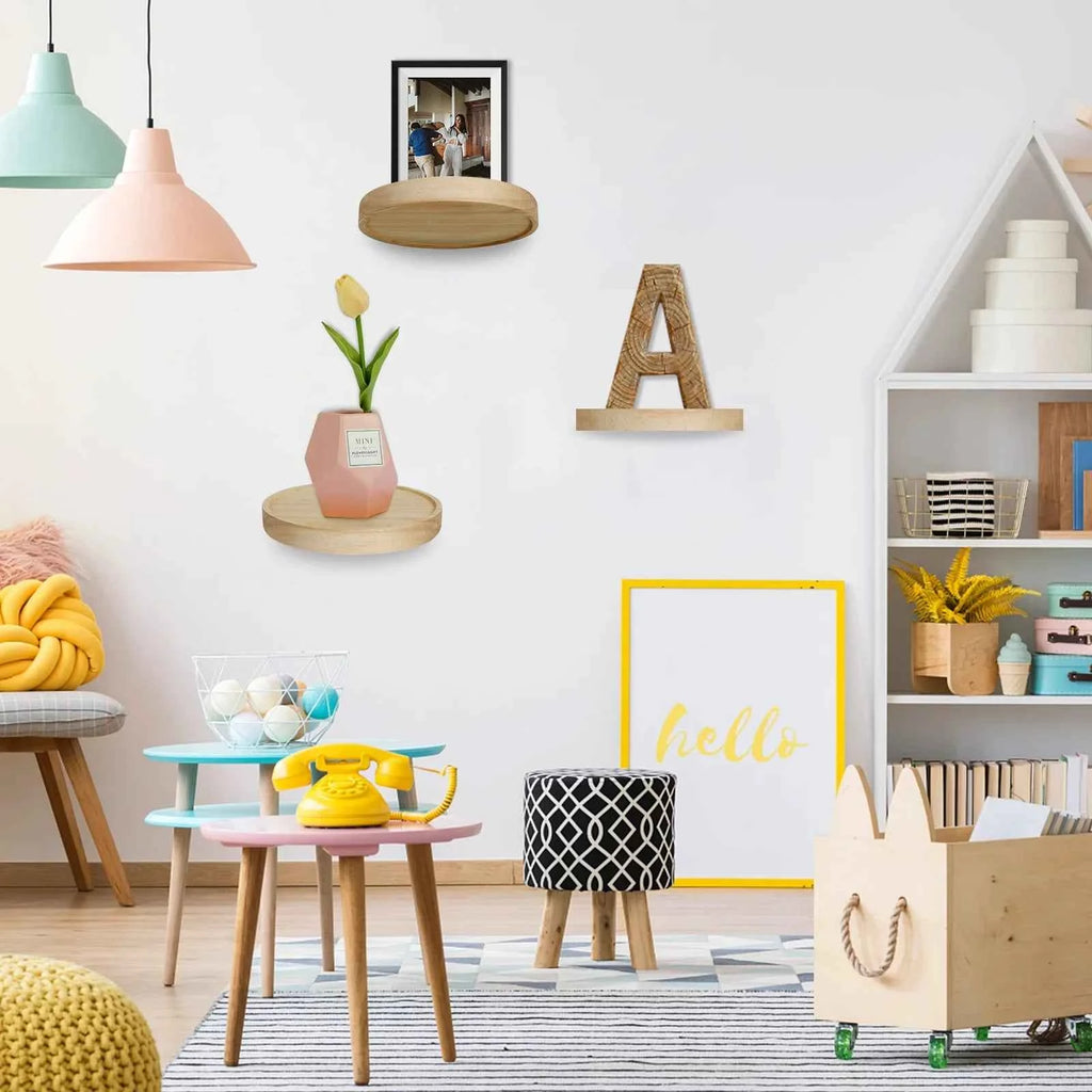 3/6Pcs Wooden Wall Mounted Display Shelf Oak Wood Round Wall Shelves Floating Plant Flower Pot Tray Racks For Home Decoration